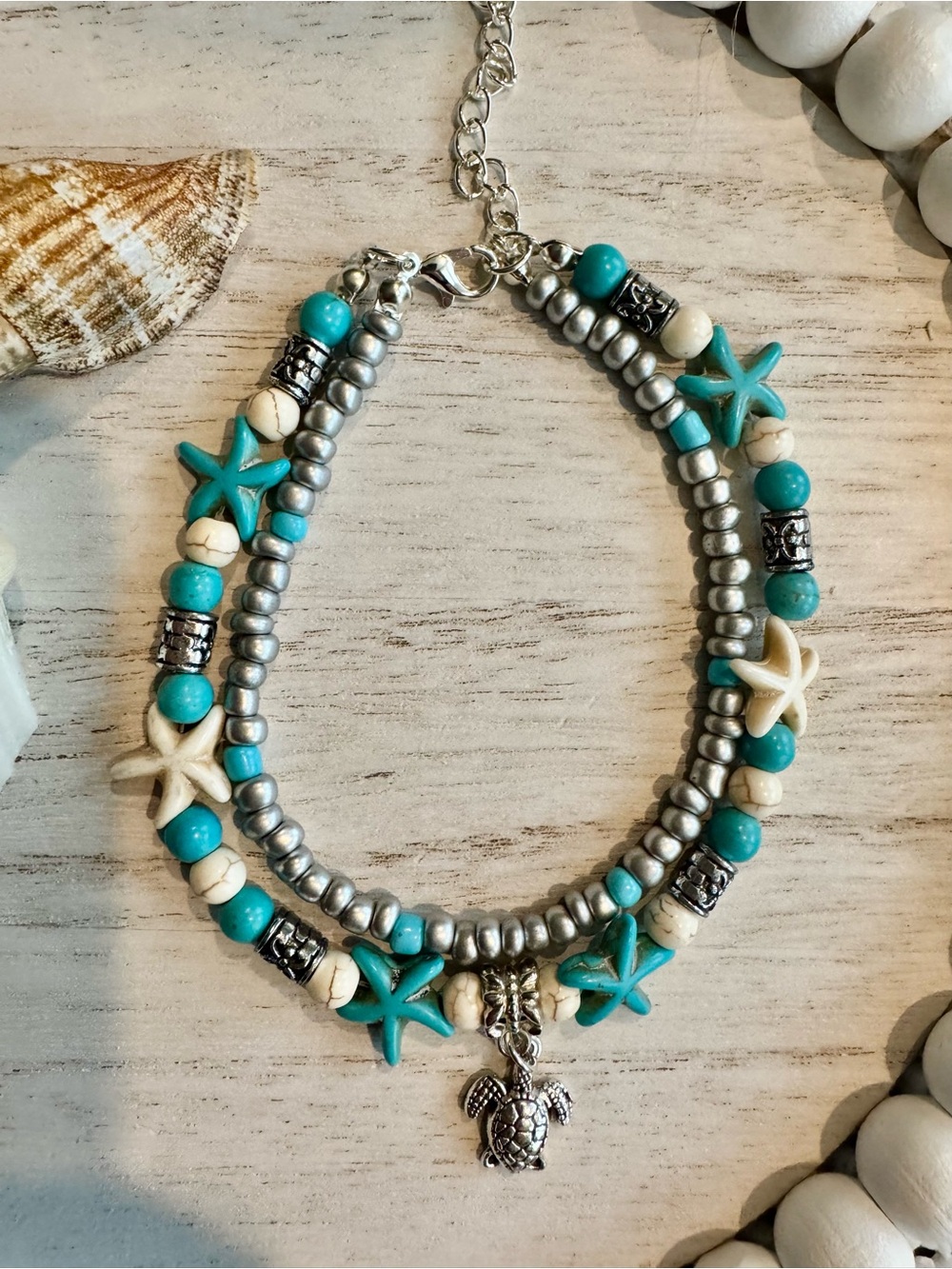 Bracelet Turquoise & Ivory colored  Starfish Double Strand  with Turtle Charm